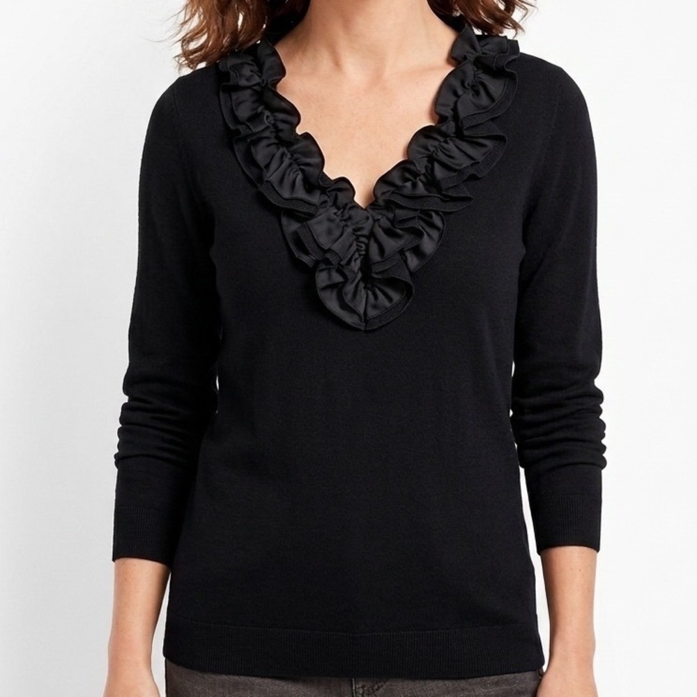 Talbots Petites Black Silk Cotton Ruffle V-Neck Sweater PM NWT 34454967